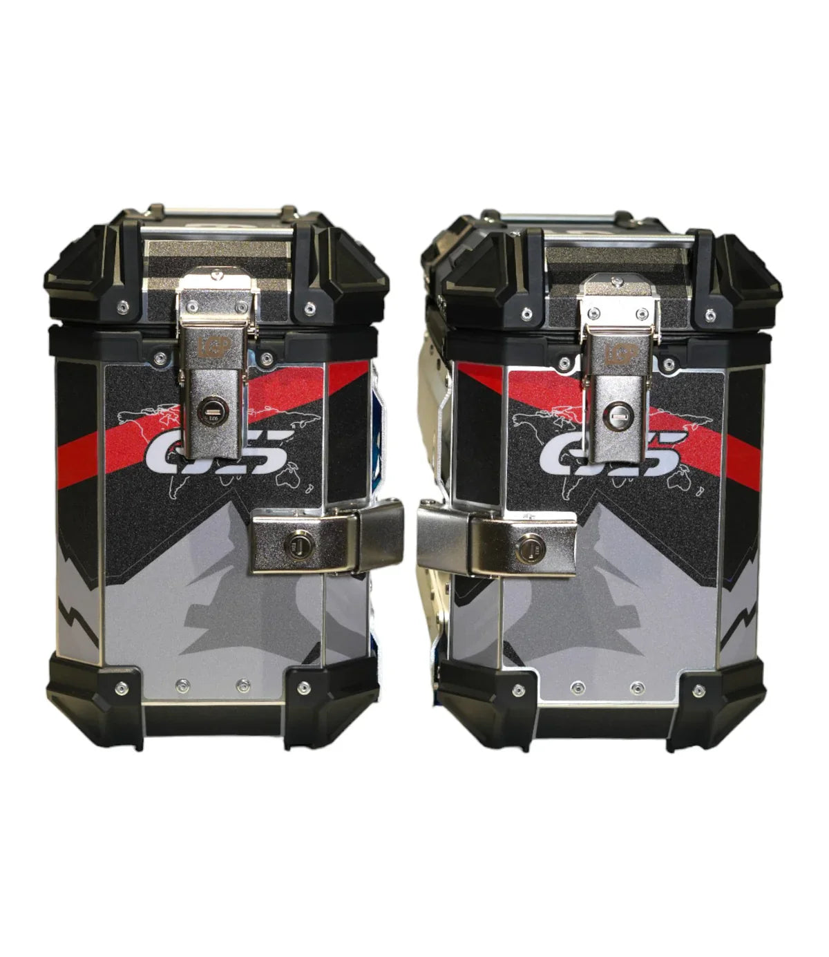 LGP Premium Aluminium GS Graphics 38L Panniers ( pair) with bracket BLACK RED