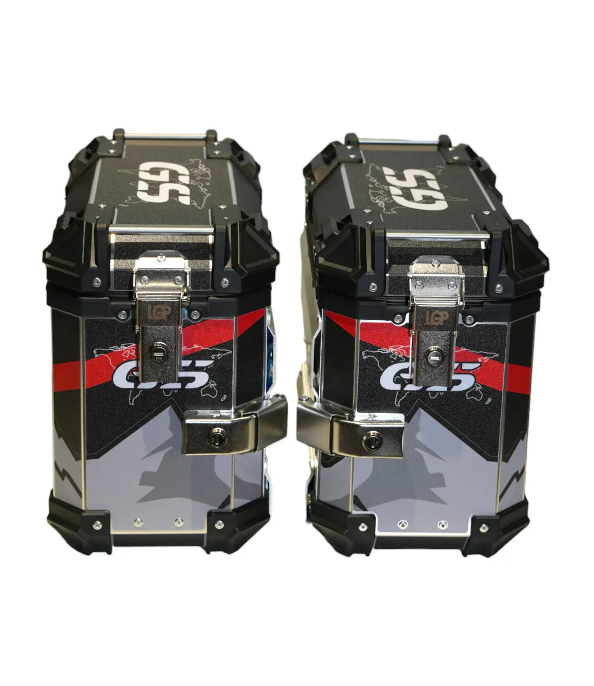 LGP Premium Aluminium GS Graphics 38L Panniers ( pair) with bracket BLACK RED