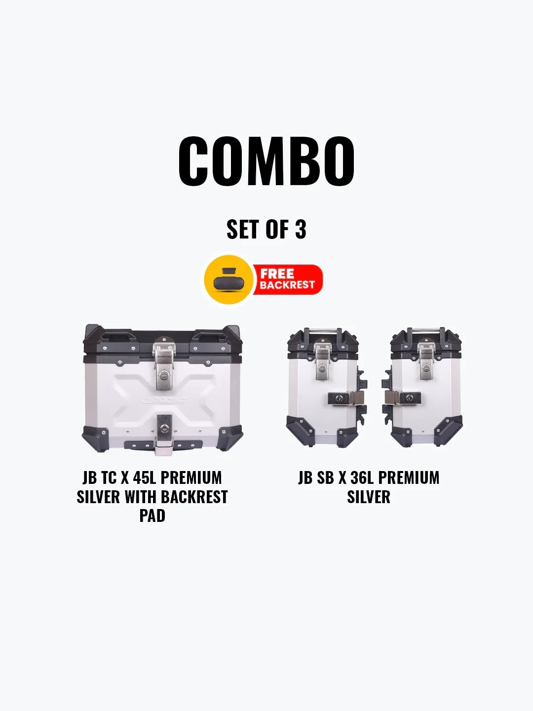 Set Of 3 Combo Of JB TC 45L Silver Premium With Backrest Pad + JB SB X 36L Premium Silver