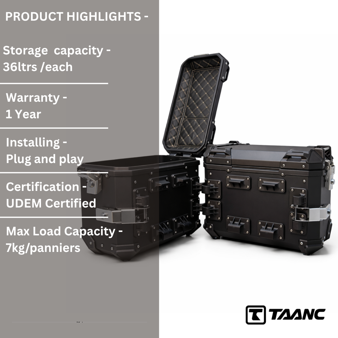 TAANC Overlander 137 Touring Setup 01 – X65 Top Box + Twin 36 Panniers | Stealth Black Aluminium Combo
