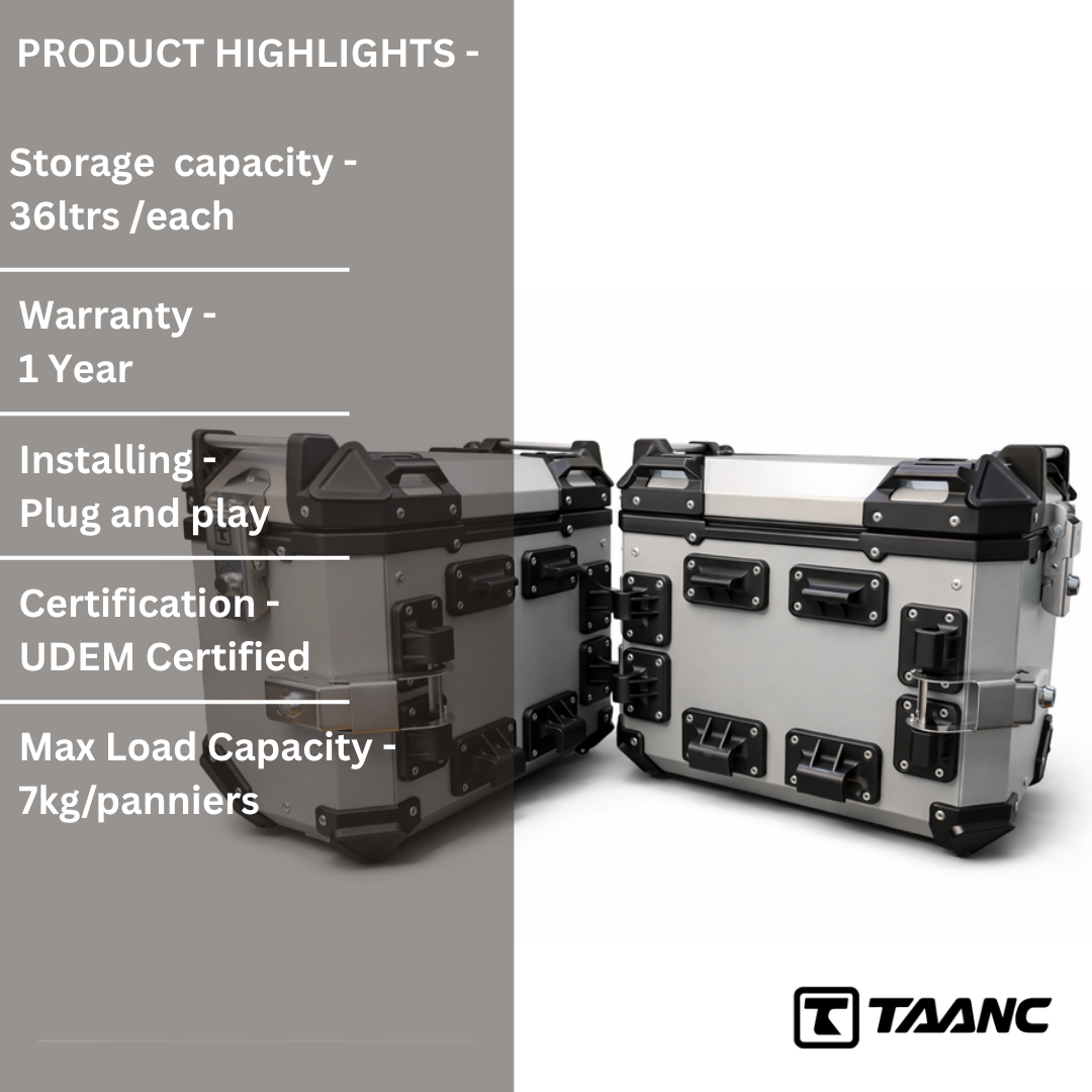 TAANC Overlander 117 Touring Setup 03 – Himalayan 45 Top Box + Twin 36 Panniers | Aluminium Combo