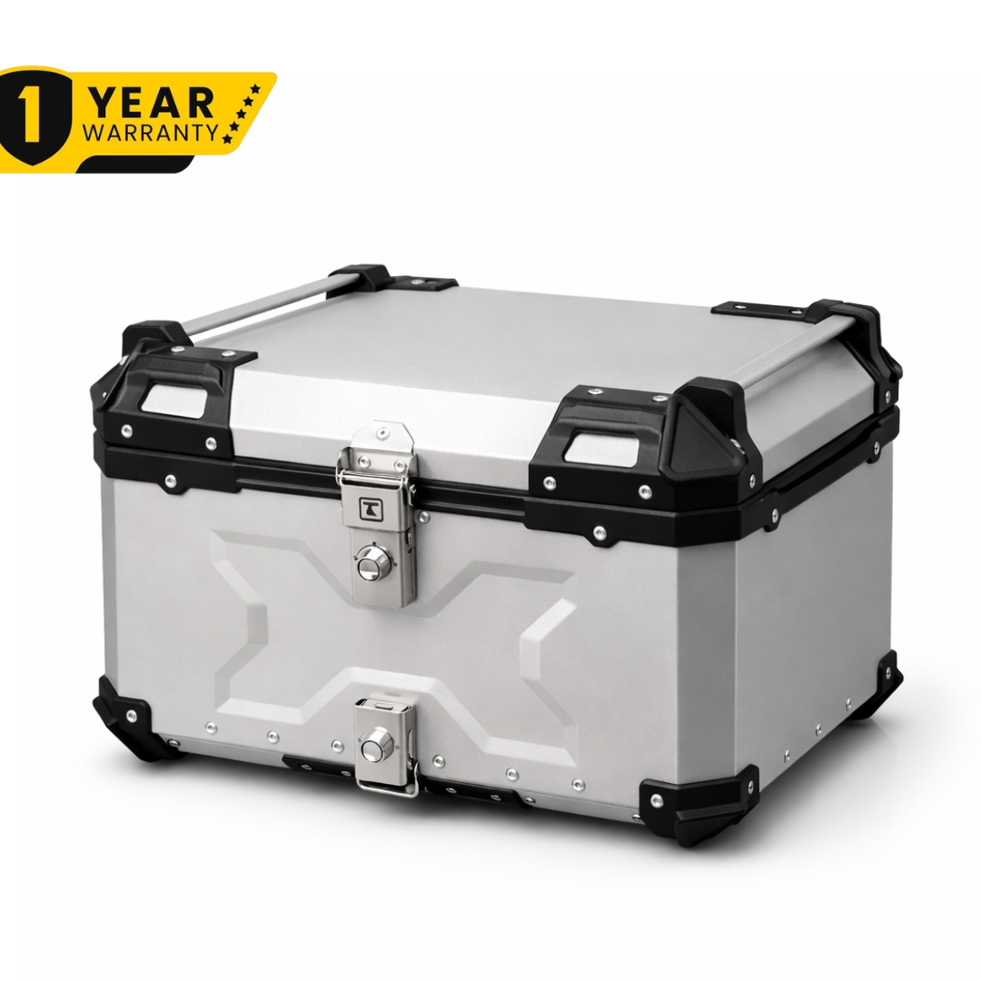 TAANC Overlander 137 Touring Setup 02 – X65 Top Box + Twin 36 Panniers | Aero Silver Aluminium Combo
