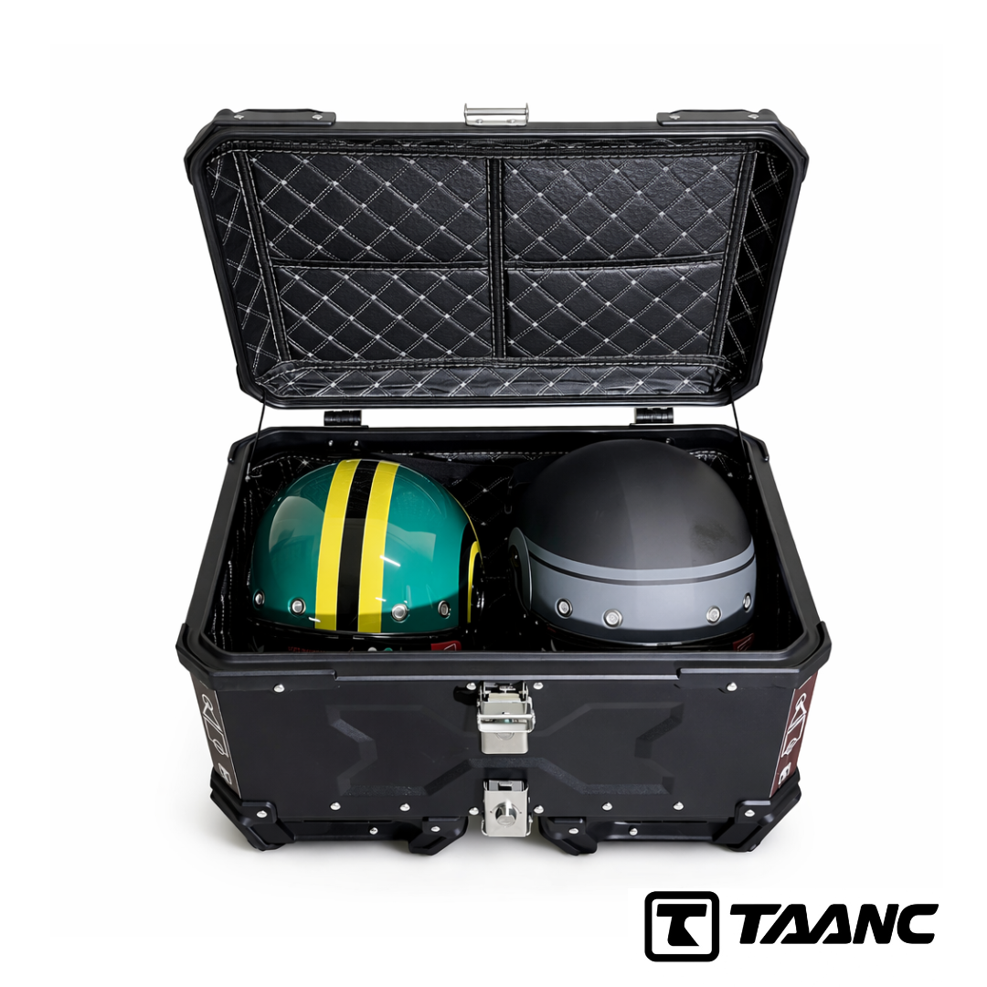 TAANC Overlander 137 Touring Setup 01 – X65 Top Box + Twin 36 Panniers | Stealth Black Aluminium Combo