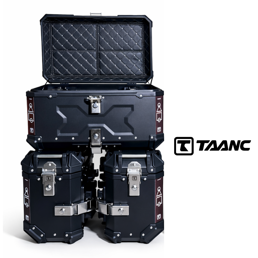 TAANC Overlander 137 Touring Setup 01 – X65 Top Box + Twin 36 Panniers | Stealth Black Aluminium Combo