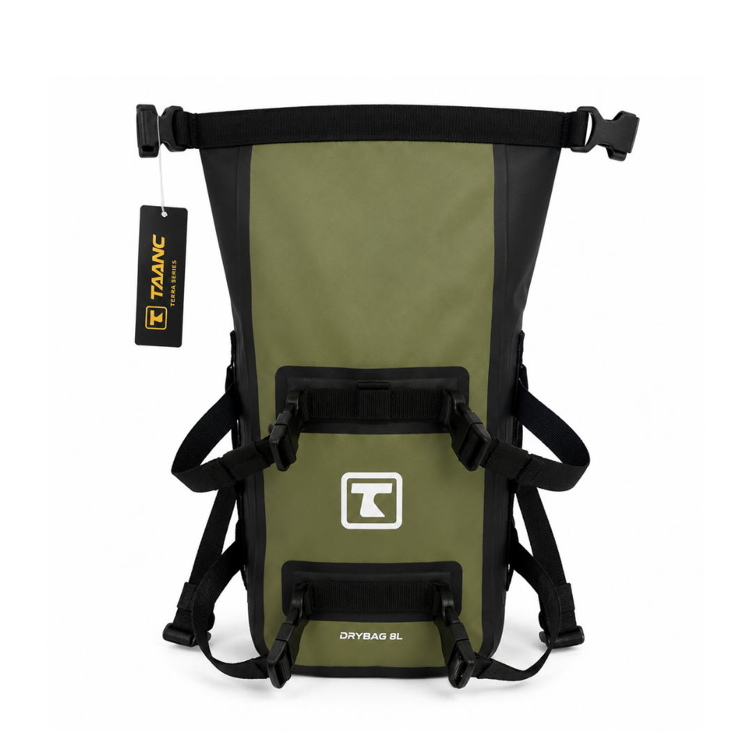 TAANC Terra Series Multi Use Adventure Bag 8L – Waterproof Motorcycle Crash Bar / Tail / Rear Rack Bag Green Black