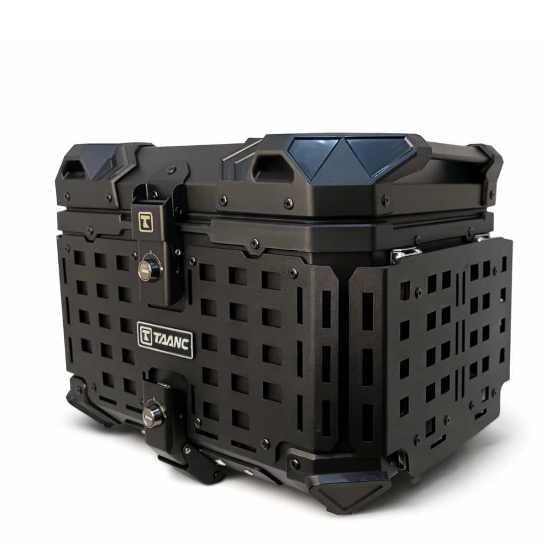 TAANC Nomad Forge Folding Top Box – Stealth Black | 45L Aluminium Adventure WP Motorcycle Storage Box