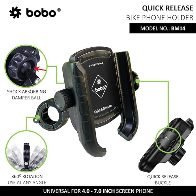 BOBO BM14 Quick Release Enhanced BM4 Waterproof Bike/Motorcycle/Scooter Mobile Phone Holder Mount, Ideal for Maps and GPS Navigation (Black)