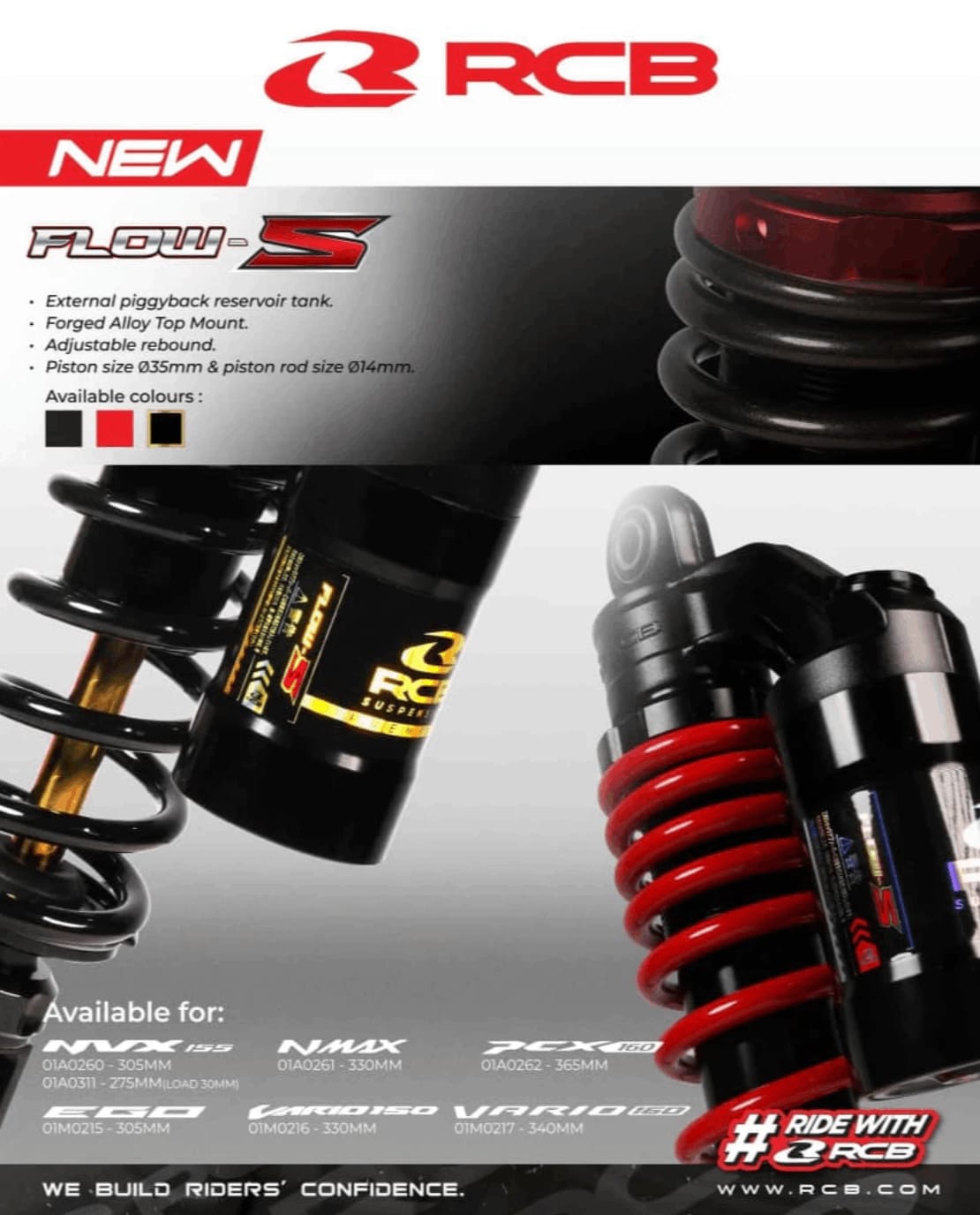 RCB REAR SHOCK ABSORBER AEROX 305MM FLOW-S RED 01A0260R