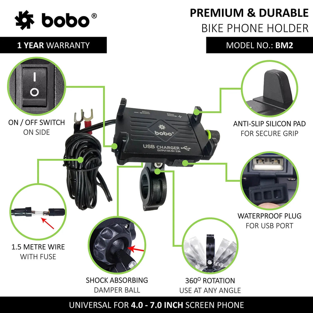 BOBO BM2 Aluminium Bike Phone Holder with 2.5A USB charger