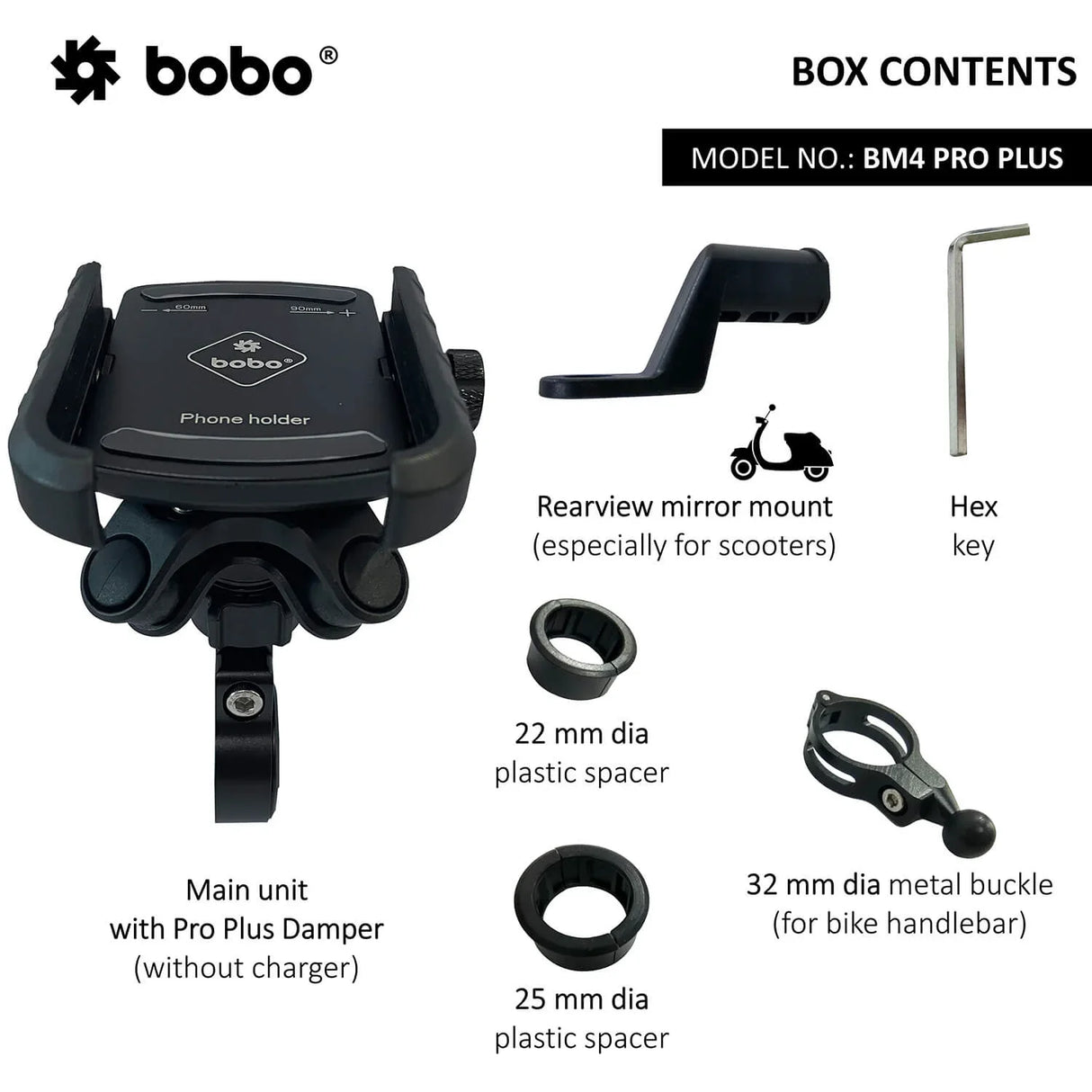 BOBO BM4 PRO Plus Jaw-Grip with PRO Plus Vibration Damper Waterproof Bike/Motorcycle/Scooter Mobile Phone Holder Mount, Ideal for Maps and GPS Navigation (Black)