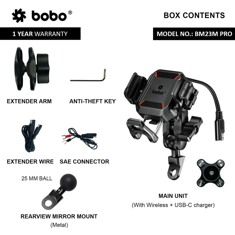 BOBO BM23H/M PRO Bike Phone Holder with Wireless & 36W USB-C Charging and Anti Vibration