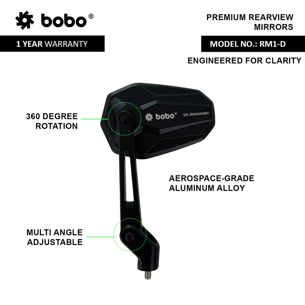 BOBO RM1-D Anti-Glare, Anti-Fog Rearview Bike Mirror