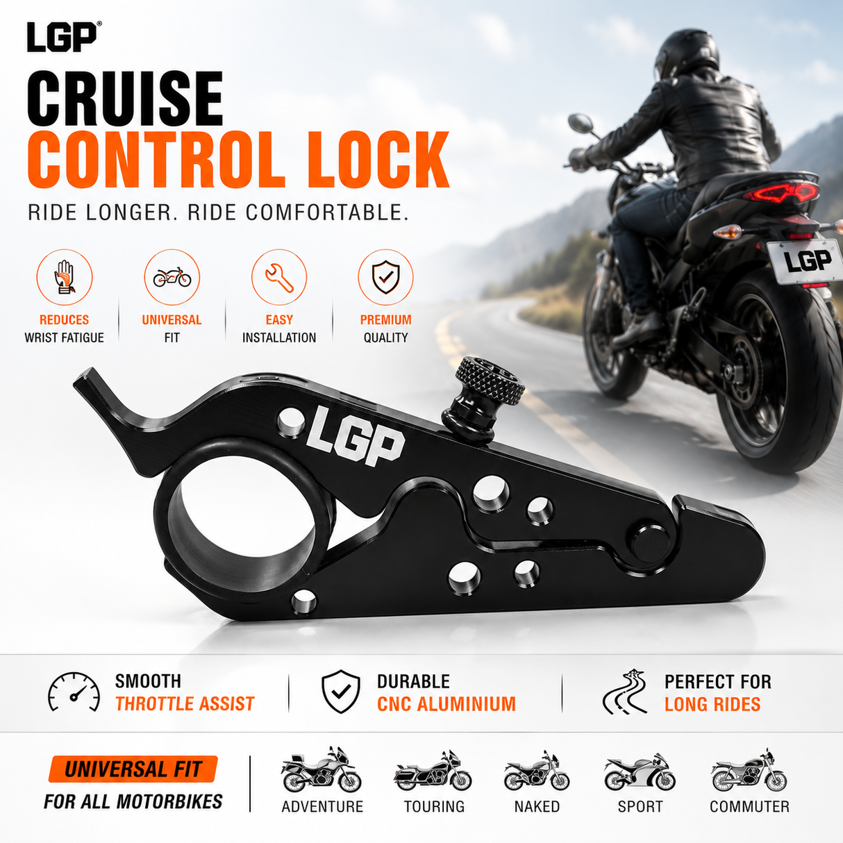LGP Universal Motorcycle Cruise Control Lock – Throttle Assist for All Bikes