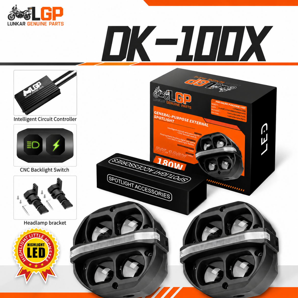 DK100X HIGH POWER SPOTLIGHT | 180W | Ultra Wide Driving Fog Lights | White/Yellow | with wiring harness and Intelligent wireless button switch | 1 year warranty | LGP