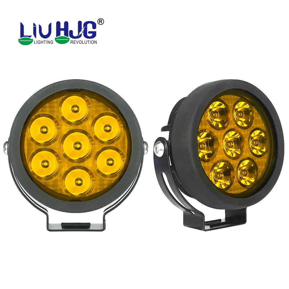 HJG 7 LED Round White Fog Light With Yellow Cap (70W) With Wiring Kit Harness And Switch Spot Driving Lamp Universal for Car, Bike and Motorcycle (set of 2) - PREMIUM