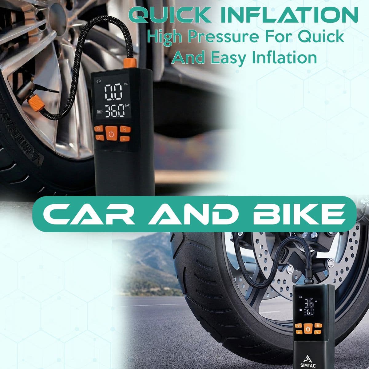 SIMTAC Portable Digital Tyre Inflator Air Compressor Pump for Car & Bike – INF8006