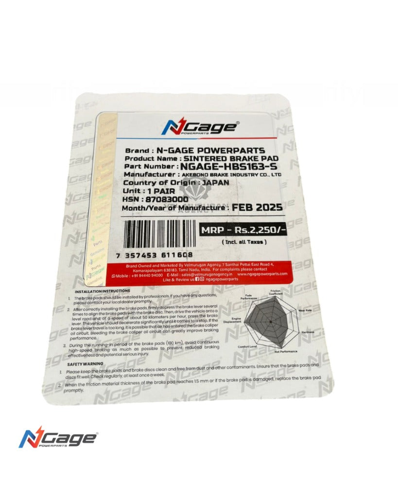 PULSAR NS 400 - N250 | rear sintered brake pads | NGAGE POWERPARTS - ARAI Certified for Extreme Performance