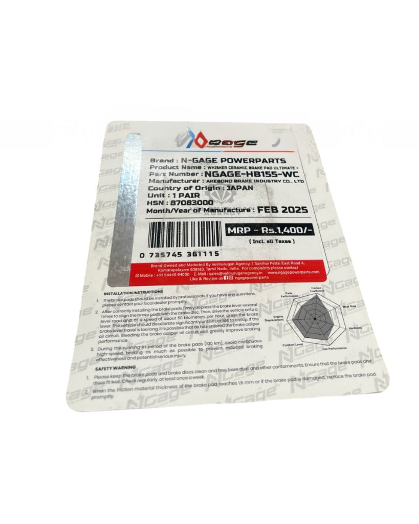 Yamaha R15 V3 | front whisker ceramic Ultimate + brake pads | NGAGE POWERPARTS