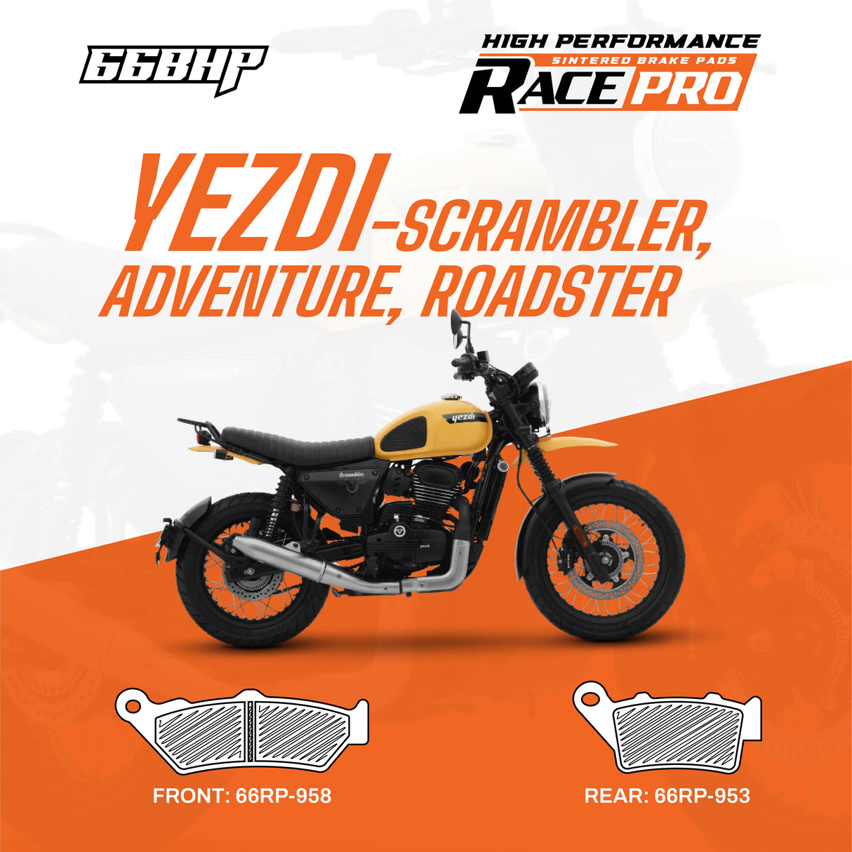 Yezdi Scrambler Adventure Roadster 66Bhp Race Pro sintered brake pads high performance