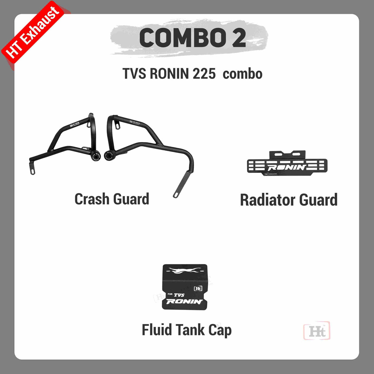 COMBO 2 TVS RONIN 225 Crash Guard + Radiator Guard + Fluid Tank Cap – HT EXHAUST