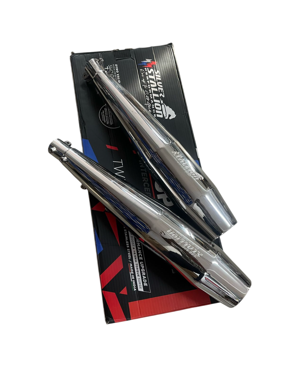 RE Interceptor 650 /GT 650 | SILVER STALLION | DYNO High Performance Exhaust System | Silver Glossy finish | Twin, SS304 - LIFE TIME WARRANTY