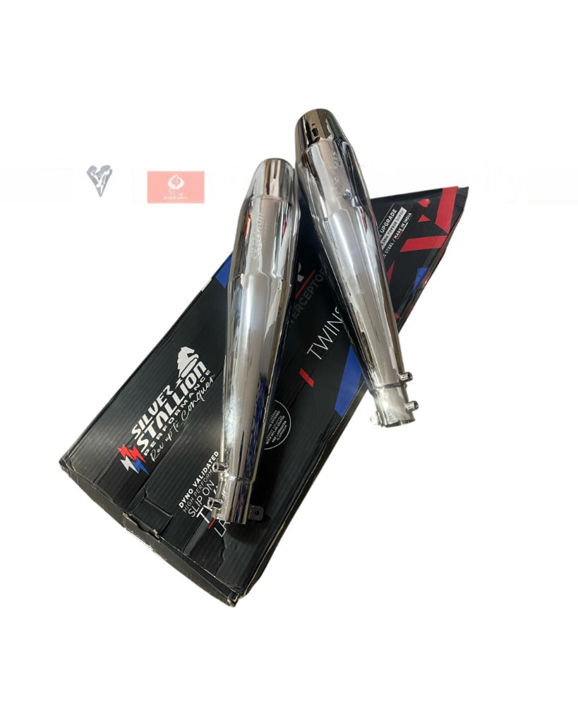 RE Interceptor 650 /GT 650 | SILVER STALLION | DYNO High Performance Exhaust System | Silver Glossy finish | Twin, SS304 - LIFE TIME WARRANTY