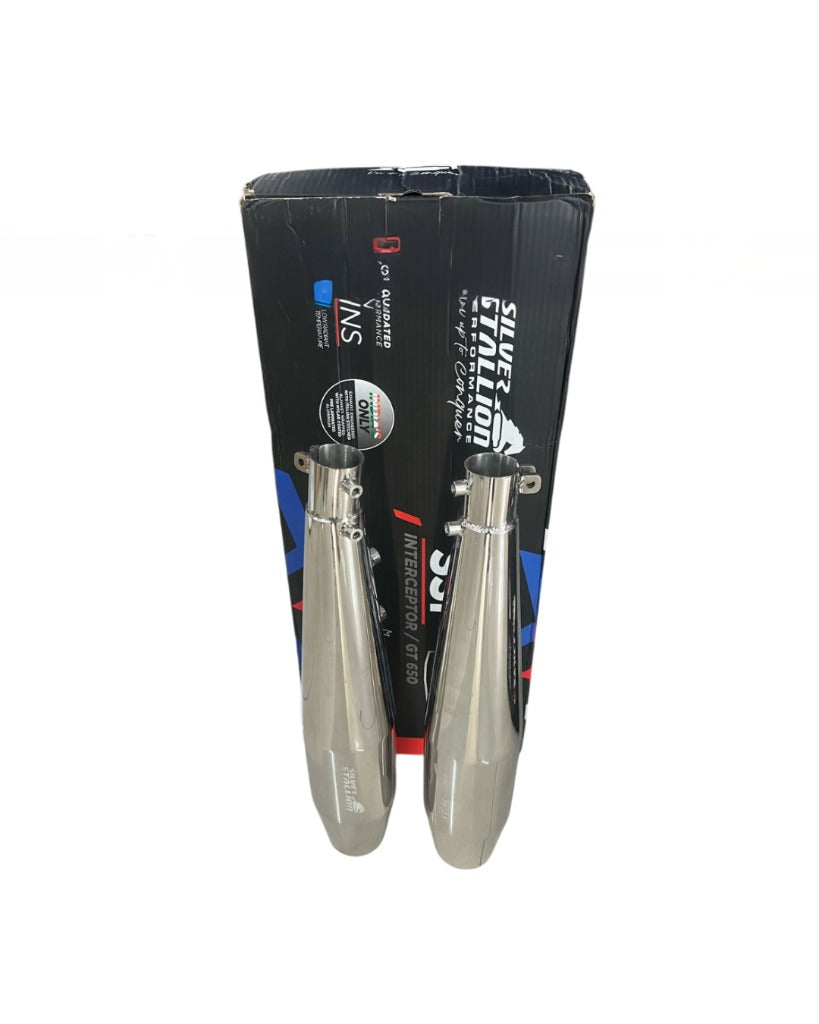 RE Interceptor 650 /GT 650 | SILVER STALLION | DYNO High Performance Exhaust System | Silver Glossy finish | Twin, SS304 - LIFE TIME WARRANTY