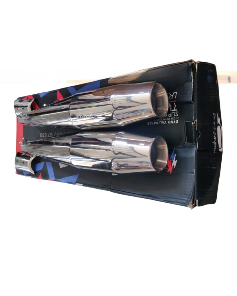 RE Interceptor 650 /GT 650 | SILVER STALLION | DYNO High Performance Exhaust System | Silver Glossy finish | Twin, SS304 - LIFE TIME WARRANTY