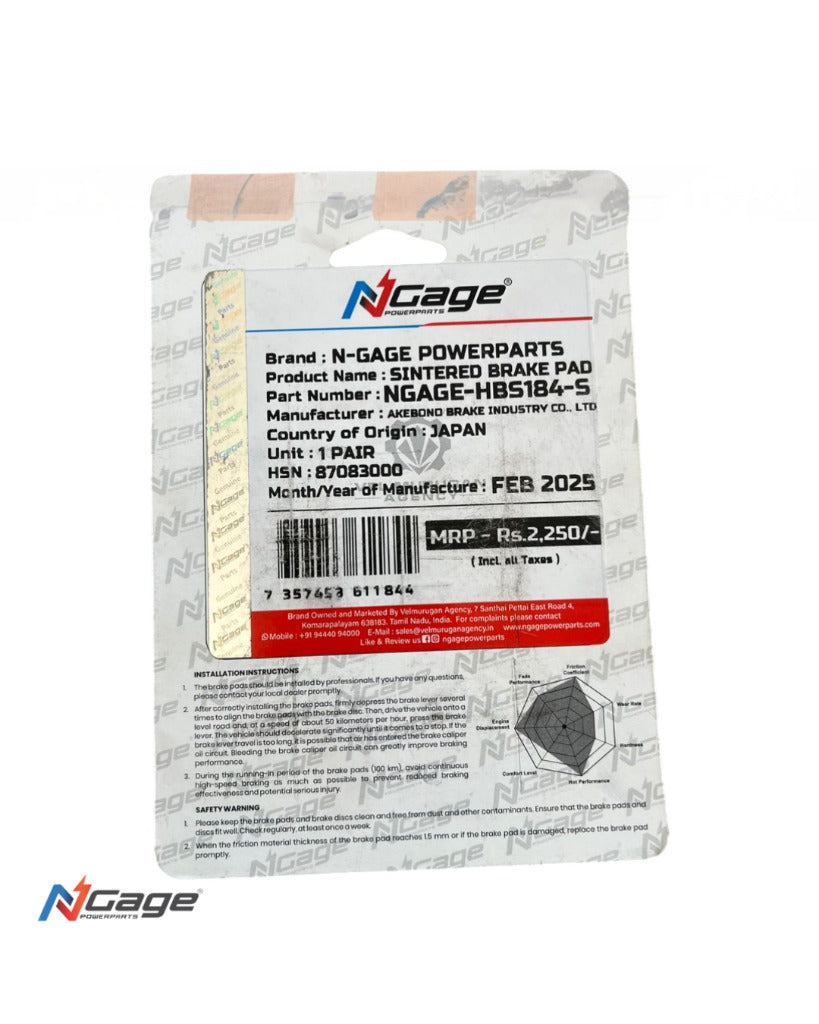 BAJAJ NS 200 - DOMINAR 250/400 (UG19 ) | front sintered brake pads | NGAGE POWERPARTS - ARAI Certified for Extreme Performance