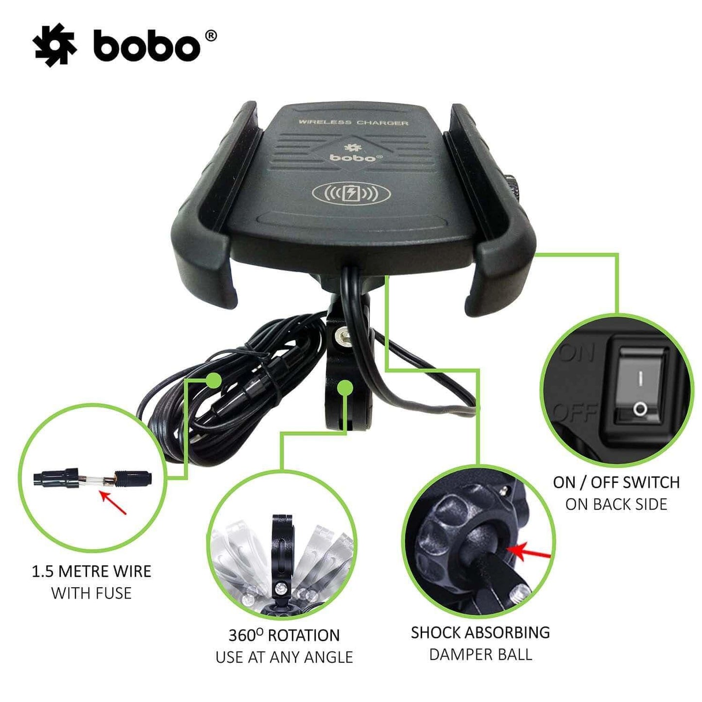 BOBO BM6 Jaw-Grip Bike Phone Holder (with Fast 15W Wireless Charger) Motorcycle Mobile Mount - Moto Modz