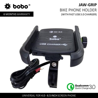 Bobo Jaw grip Bike Phone Holder (with fast USB 3.0 charger) Motorcycle Mobile Mount - Moto Modz