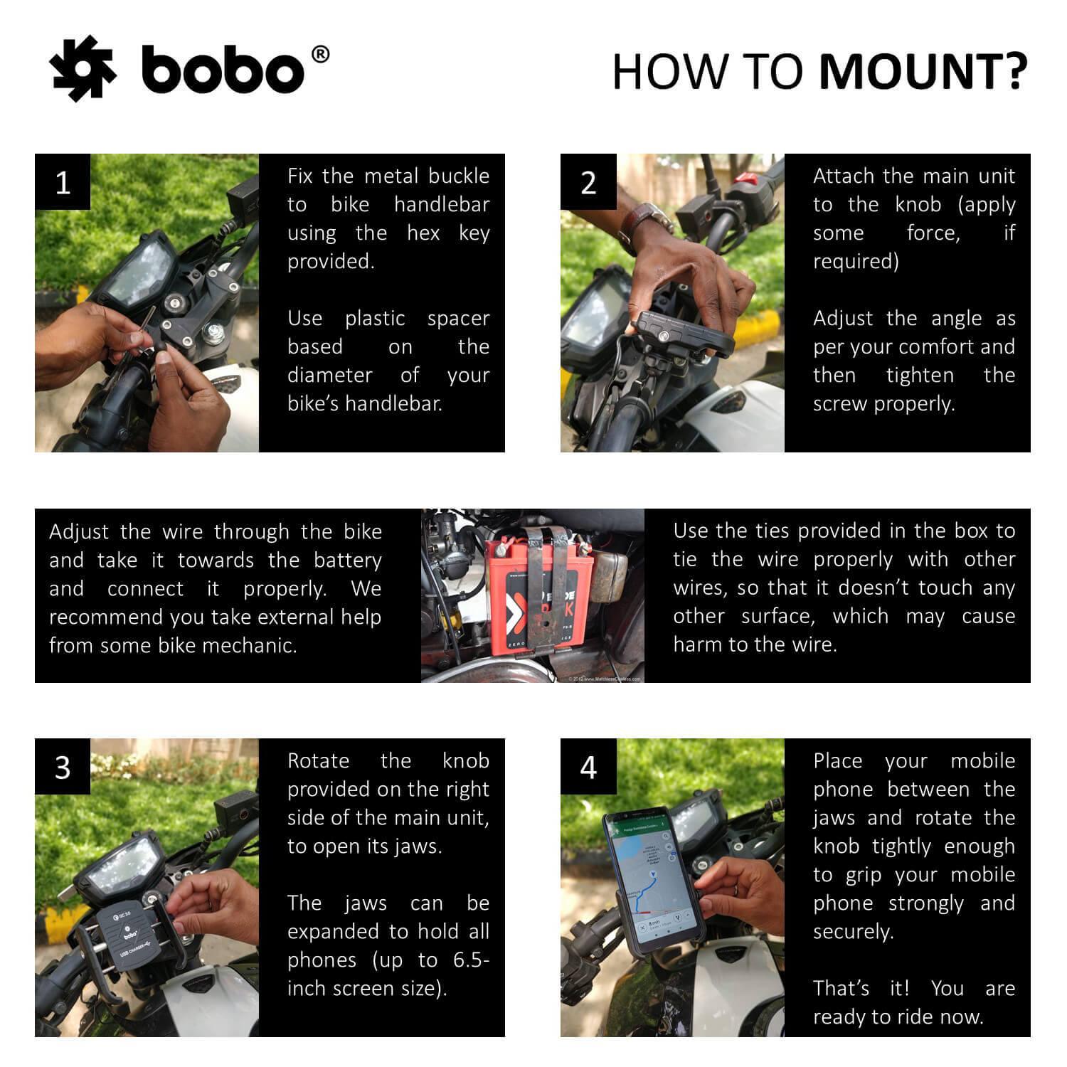 Bobo Jaw grip Bike Phone Holder (with fast USB 3.0 charger) Motorcycle Mobile Mount - Moto Modz