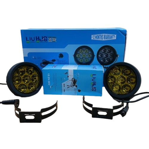 HJG 7 LED Round White Fog Light With Yellow Cap (70W) With Wiring Kit Harness And Switch Spot Driving Lamp Universal for Car, Bike and Motorcycle (set of 2) - PREMIUM