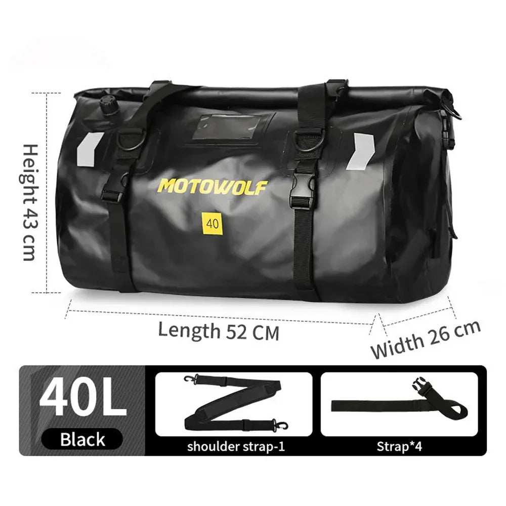 MOTOWOLF | Motorcycle Tail Bag 40L Waterproof | Duffel Bag for Touring Adventure, Camping, Cycling