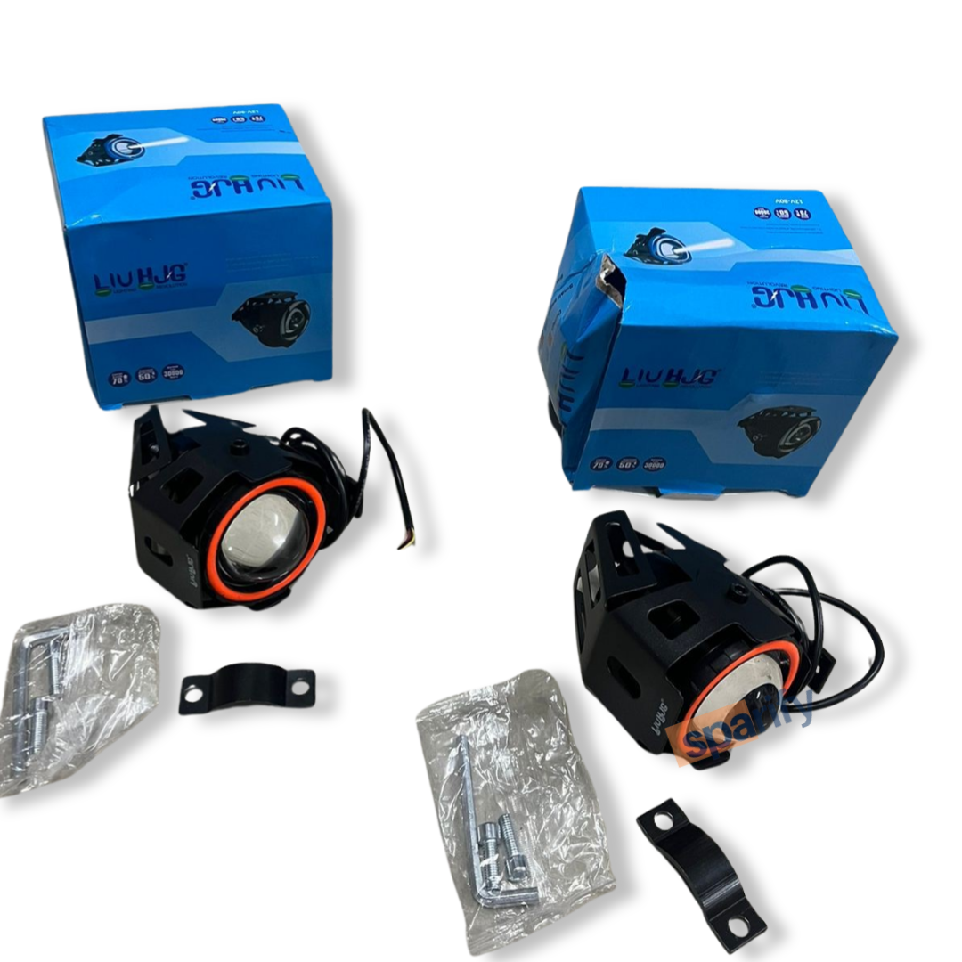 HJG U7 Mini CREE LED Fog Light Work Lamp with Hi/Low, Flashing Beam and Red Angel Eye Ring for Cars and Motorcycles Projector Lens/12V-80V