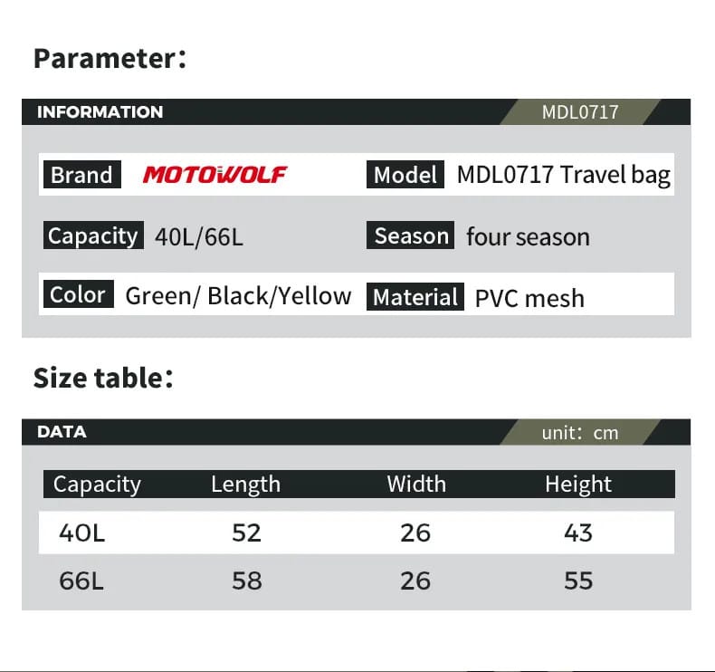 MOTOWOLF | Motorcycle Tail Bag 40L Waterproof | Duffel Bag for Touring Adventure, Camping, Cycling