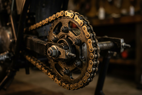 Close-up of a brass motorcycle chain running over a rear sprocket