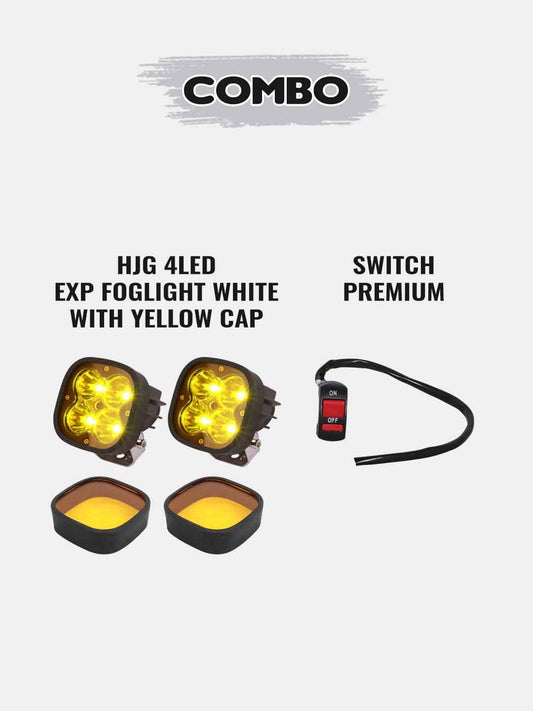 1 Pair HJG 4 LED Premium Fog Light-White With Yellow Cap+Premium Switch - Moto Modz