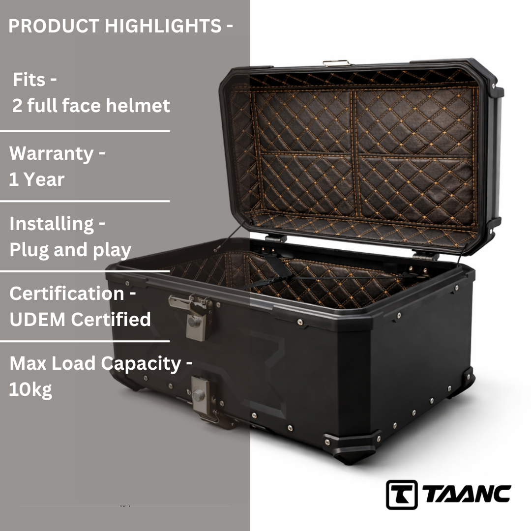 TAANC Overlander 137 Touring Setup 01 – X65 Top Box + Twin 36 Panniers | Stealth Black Aluminium Combo