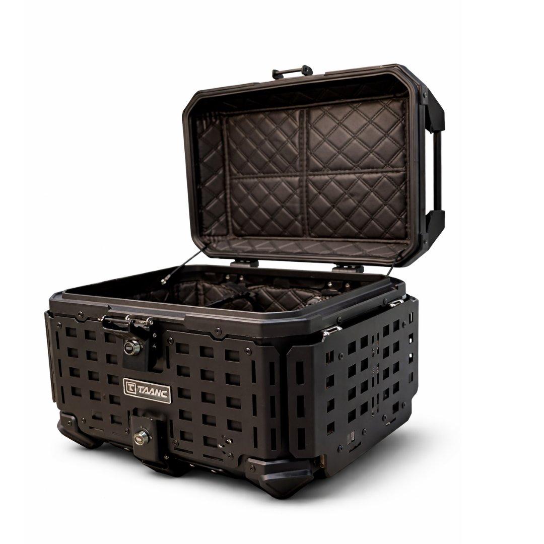 TAANC Nomad Forge Folding Top Box – Stealth Black | 45L Aluminium Adventure WP Motorcycle Storage Box