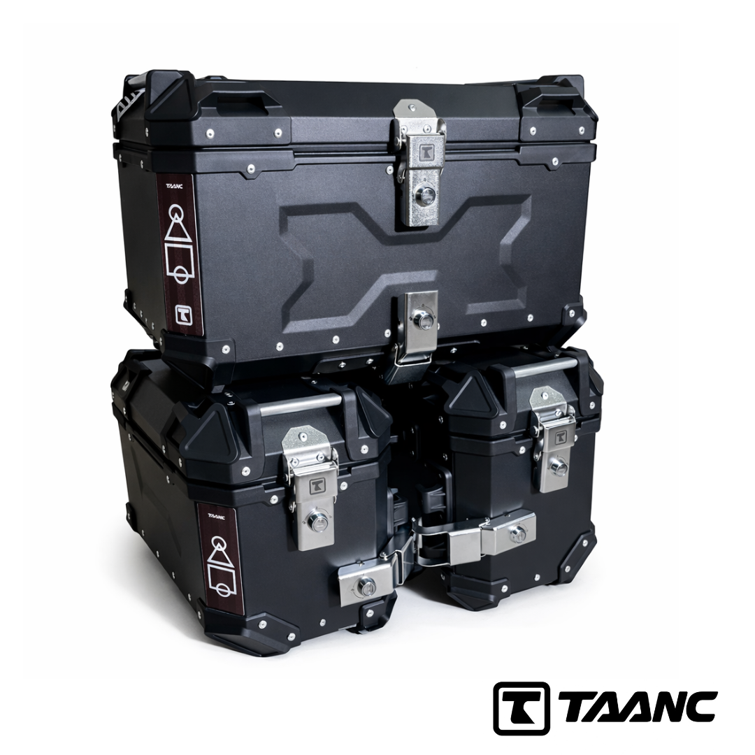 TAANC Overlander 137 Touring Setup 01 – X65 Top Box + Twin 36 Panniers | Stealth Black Aluminium Combo