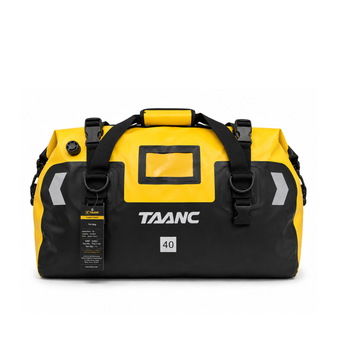 TAANC Terra Series Motorcycle Tail Bag 40L Waterproof Duffel Bag for Adventure Touring, Camping & Cycling – Yellow Black