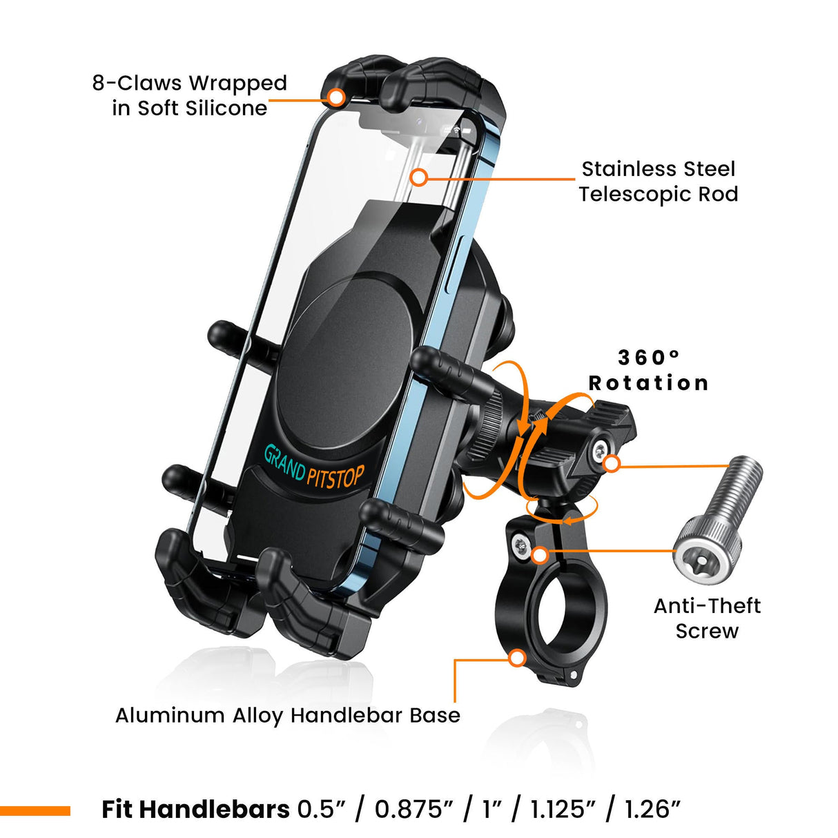 4-Sided Grip Mobile Holder With Anti Vibration Anti Theft Handlebar Mount