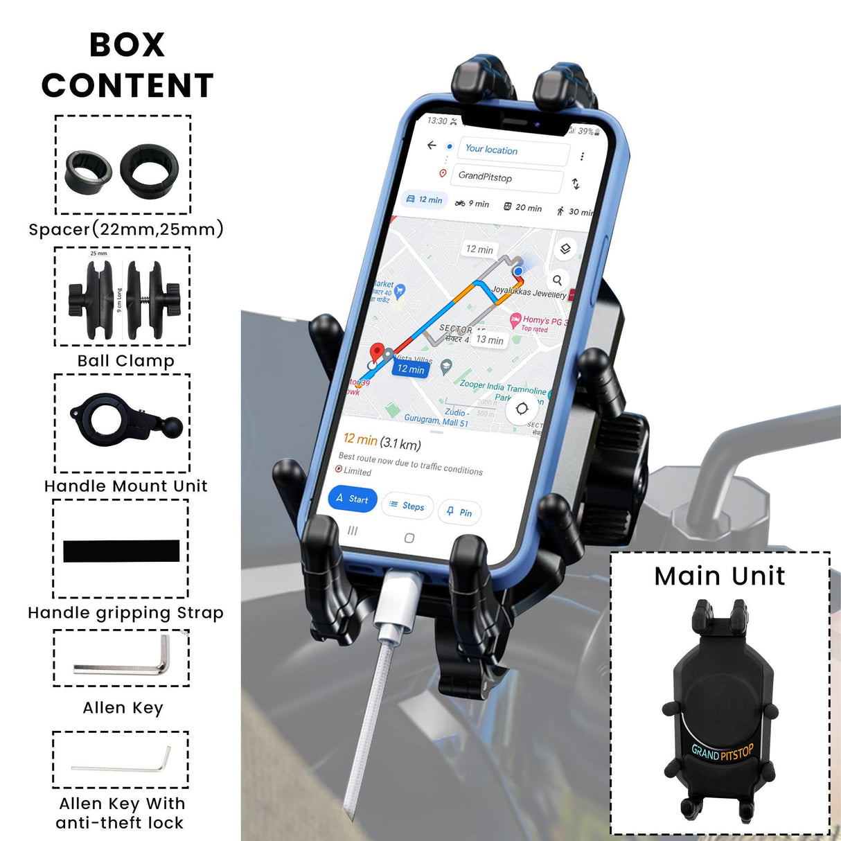 4-Sided Grip Mobile Holder With Anti Vibration Anti Theft Handlebar Mount
