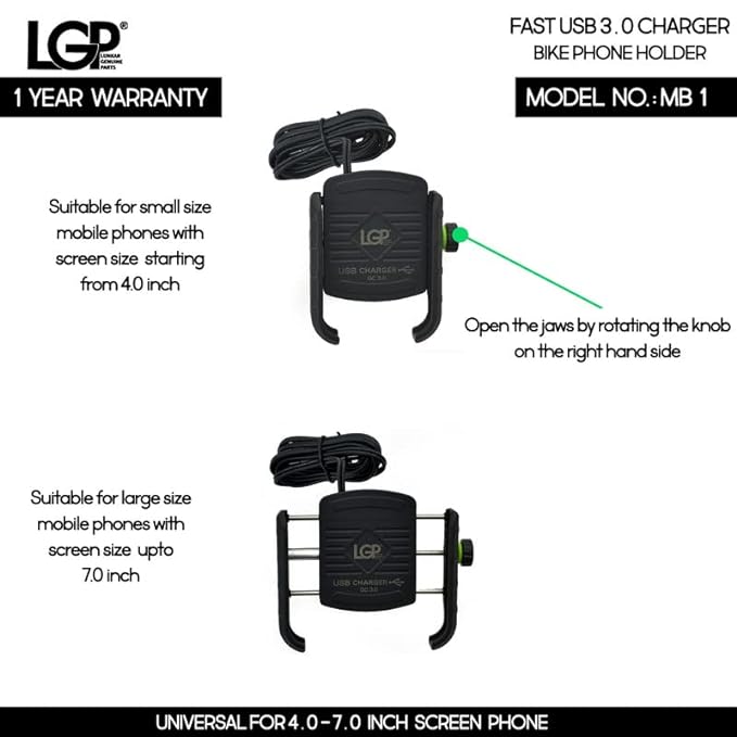 LGP MB1 Jaw-Grip Waterproof Bike/Motorcycle/Scooter Mobile Phone Holder Mount with Fast USB 3.0 Charger, Ideal for Maps and GPS Navigation (Black) - M8