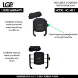 LGP MB1 Jaw-Grip Waterproof Bike/Motorcycle/Scooter Mobile Phone Holder Mount with Fast USB 3.0 Charger, Ideal for Maps and GPS Navigation (Black) - M8