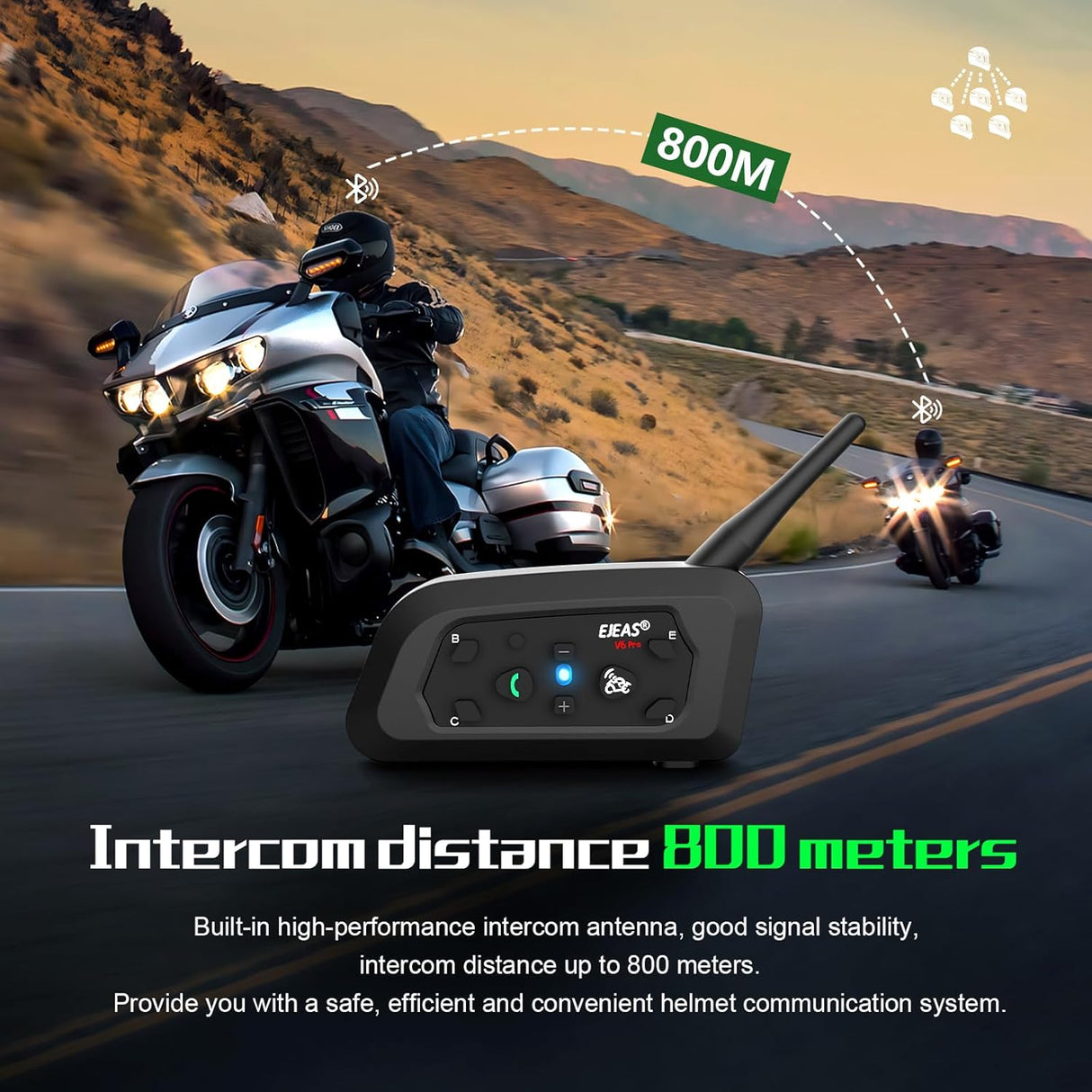 EJEAS V6 Pro + Helmet Intercom Communication System V6 Motorcycle Bluetooth On Ear Headphones Connect Up to 6 Riders 1200M V6 Pro(1 Pack) - 1 YEAR WARRANTY