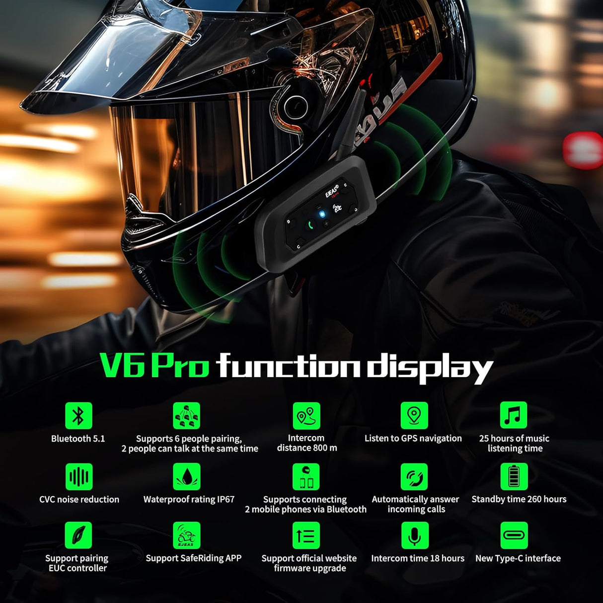 EJEAS V6 Pro + Helmet Intercom Communication System V6 Motorcycle Bluetooth On Ear Headphones Connect Up to 6 Riders 1200M V6 Pro(1 Pack) - 1 YEAR WARRANTY