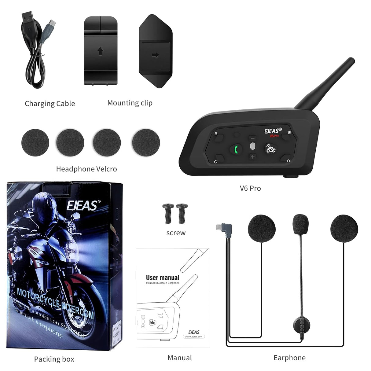 EJEAS V6 Pro + Helmet Intercom Communication System V6 Motorcycle Bluetooth On Ear Headphones Connect Up to 6 Riders 1200M V6 Pro(1 Pack) - 1 YEAR WARRANTY