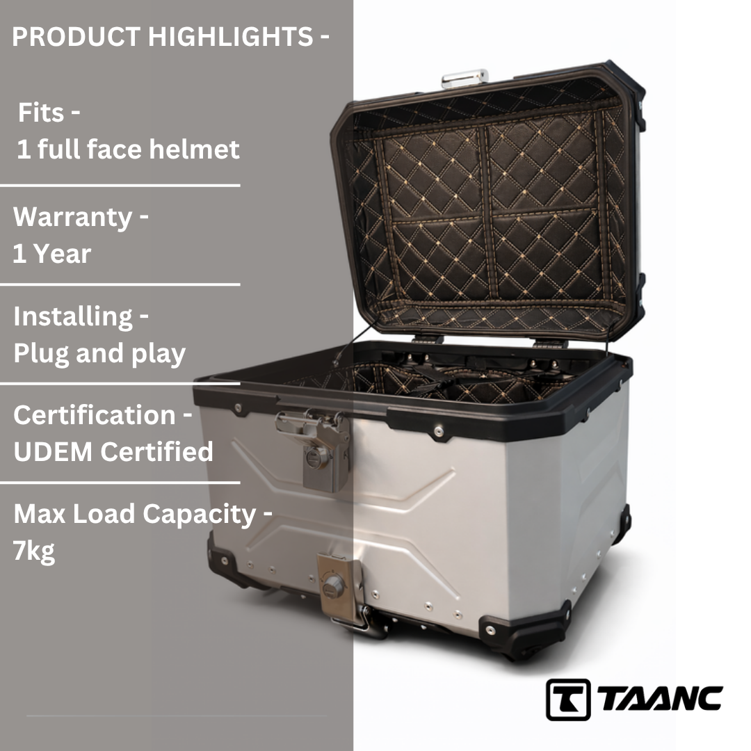 TAANC Nomad Atlas Top Box – Aero Silver | 45L Aluminium MC Motorcycle Touring Storage Box